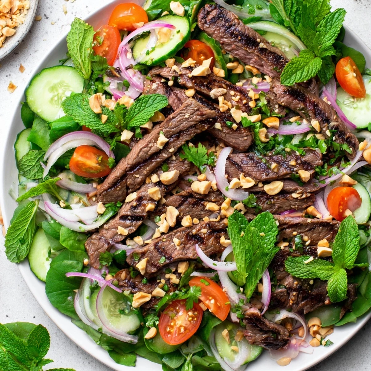 A plated Vietnamese Beef and Watercress Salad with tender beef slices, crunchy carrots, and a drizzle of savory dressing.
