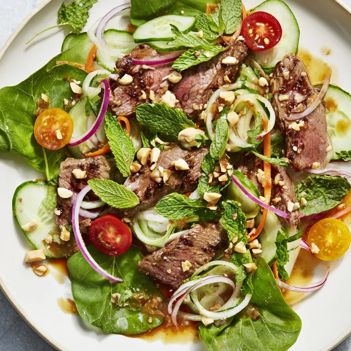 Vietnamese Beef and Watercress Salad served in a white bowl, topped with chopped peanuts, fresh herbs, and bright cherry tomatoes. 