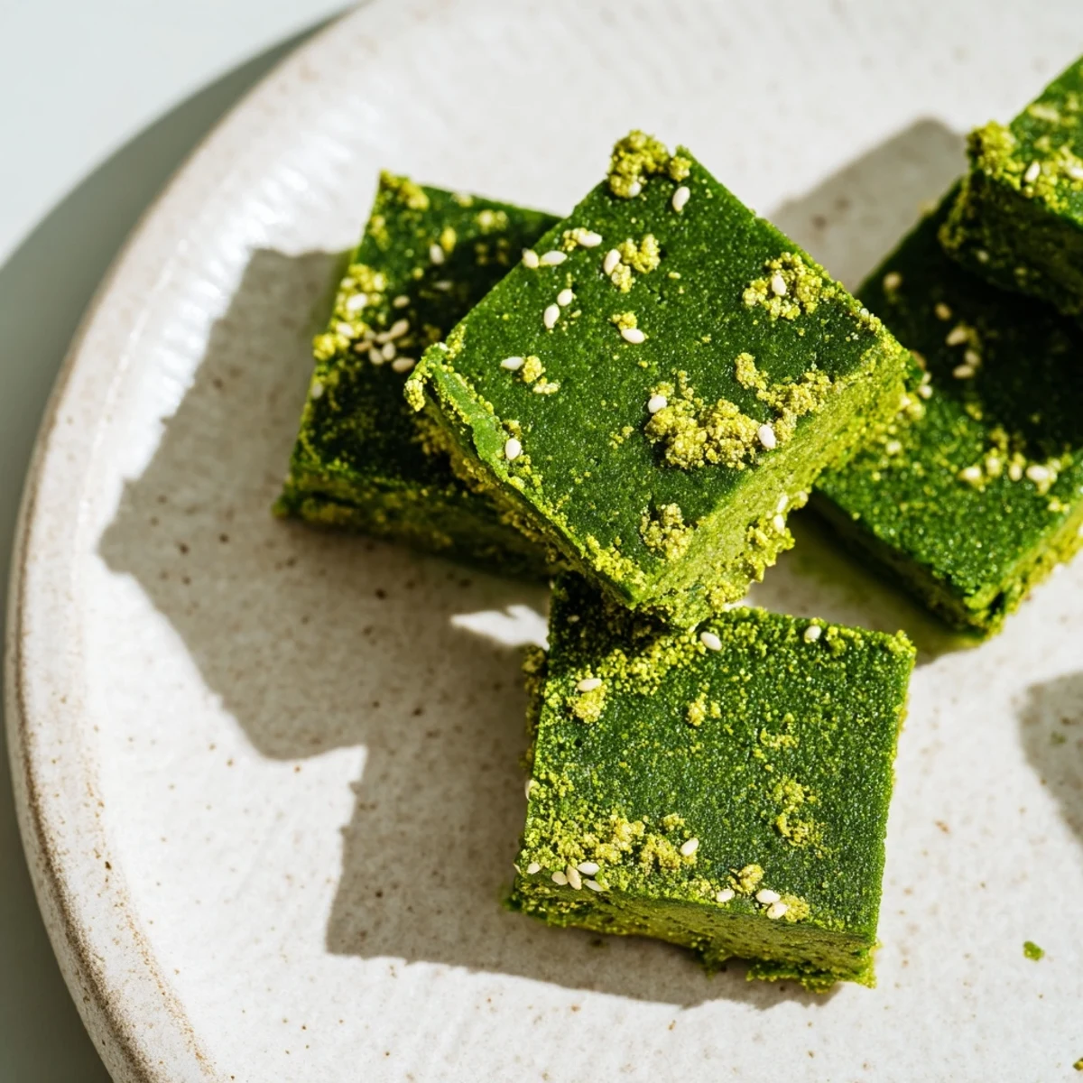 This 5-Ingredient Matcha Halva is sliced and served on a white plate with a cup of green tea.
