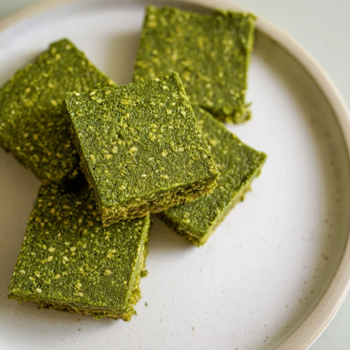 A close-up of 5-Ingredient Matcha Halva squares with a vibrant green hue and crumbly texture.