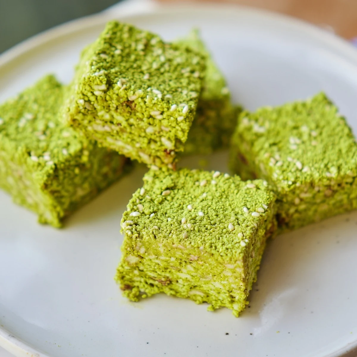 A slice of 5-Ingredient Matcha Halva highlights its smooth, fudgy interior and delicate, matte finish.