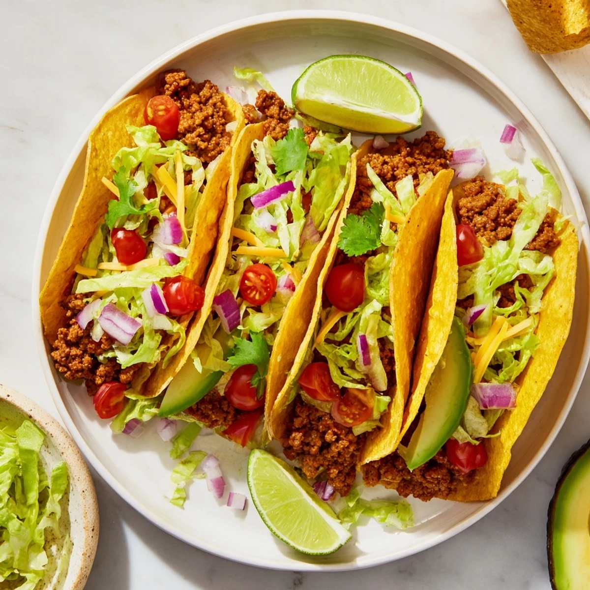 Golden-brown Vegetarian Ground Beef Tacos filled with seasoned meat substitute, fresh lettuce, tomatoes, and creamy avocado slices.