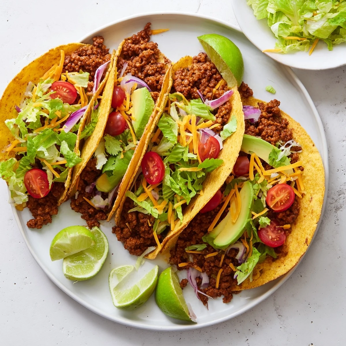 Delicious Vegetarian Ground Beef Tacos arranged on a plate with vibrant vegetables, ready for a family dinner.