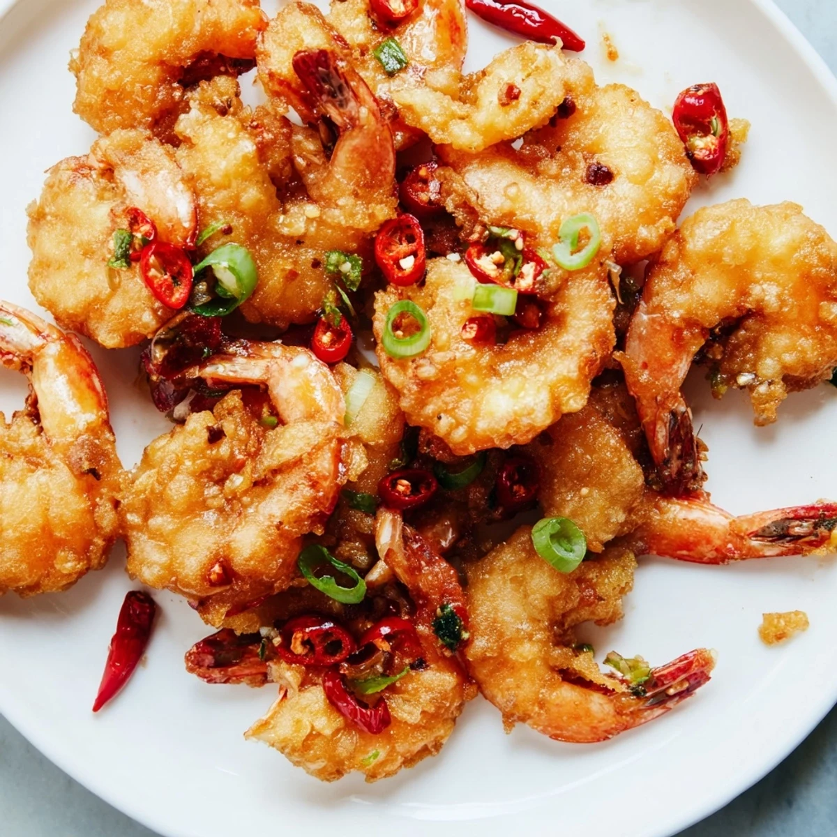 Golden crispy Salt and Pepper Shrimp rest on a plate beside lemon wedges and a small dipping bowl, ready to serve.
