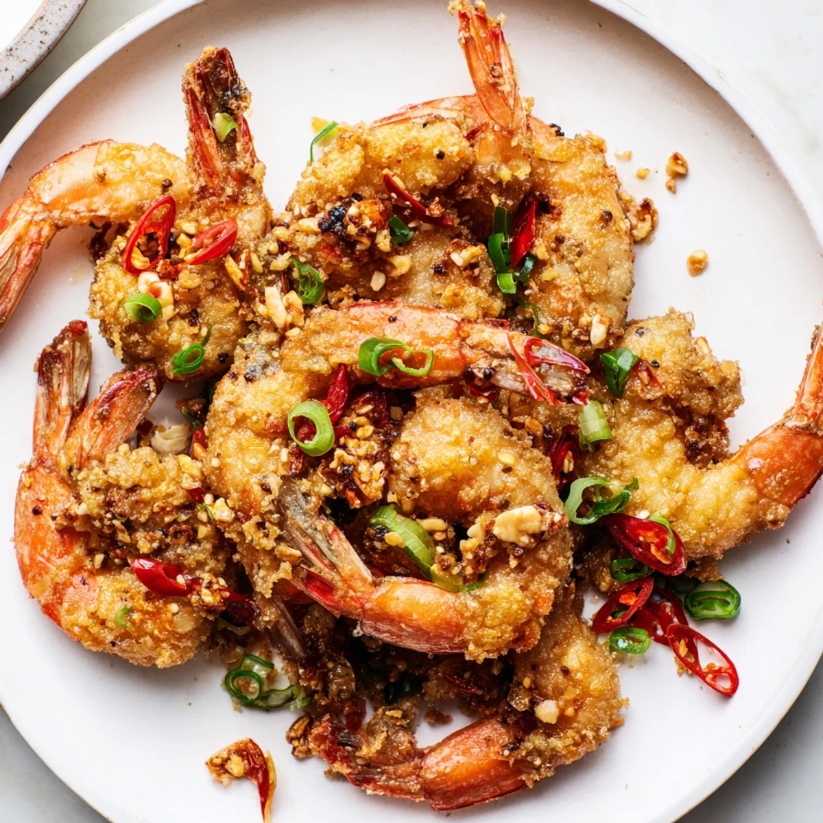 Close-up of Salt and Pepper Shrimp sizzling in a wok with garlic and chili, releasing aromatic steam.