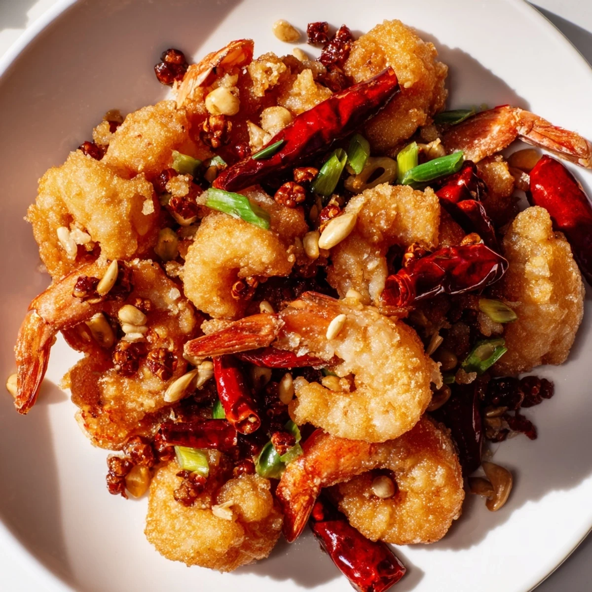 Plated Salt and Pepper Shrimp garnished with sliced scallions, served over steamed jasmine rice.