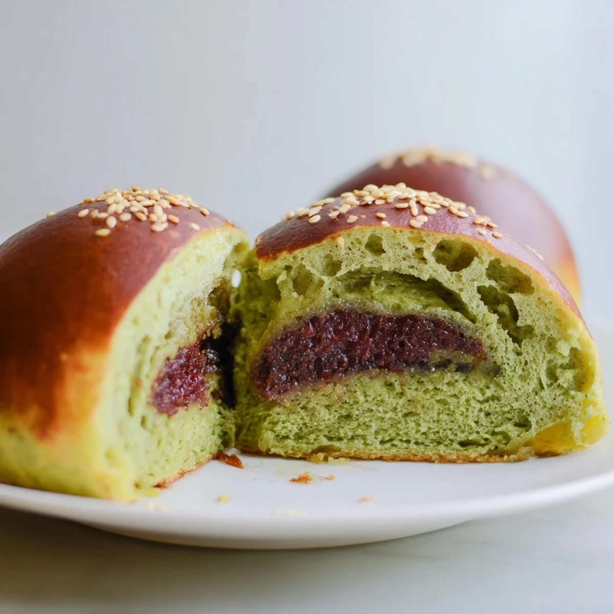 Golden brown Matcha Red Bean Buns fresh from the oven, with a soft, pillowy texture and a hint of green matcha powder.