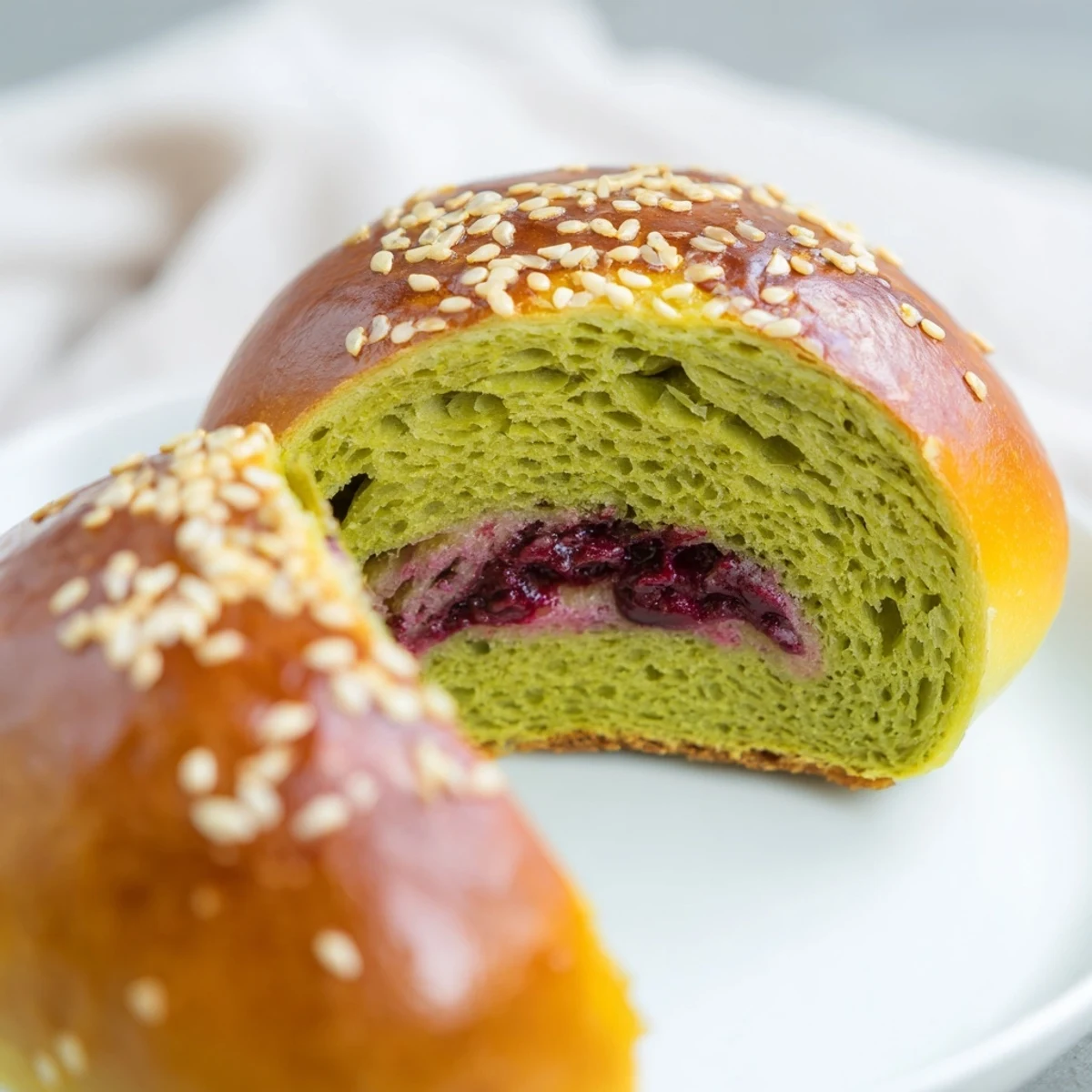 A close-up view of a torn Matcha Red Bean Buns, revealing the sweet, smooth red bean paste filling inside.