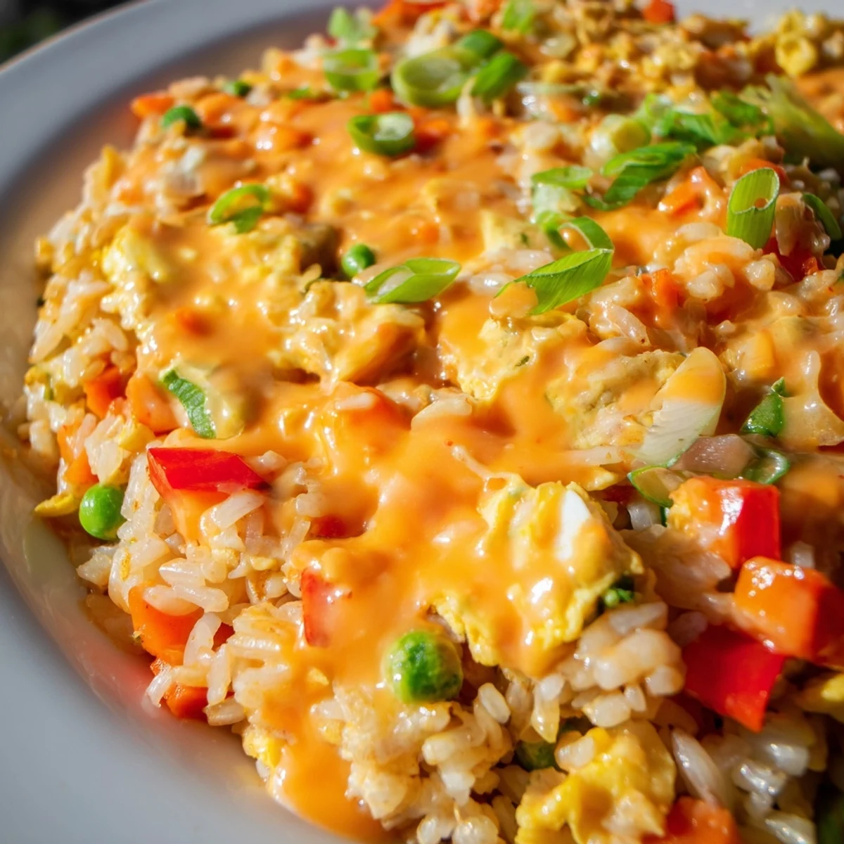 A close-up of vibrant Bang Bang Fried Rice with colorful vegetables and a creamy, tangy sauce drizzle.