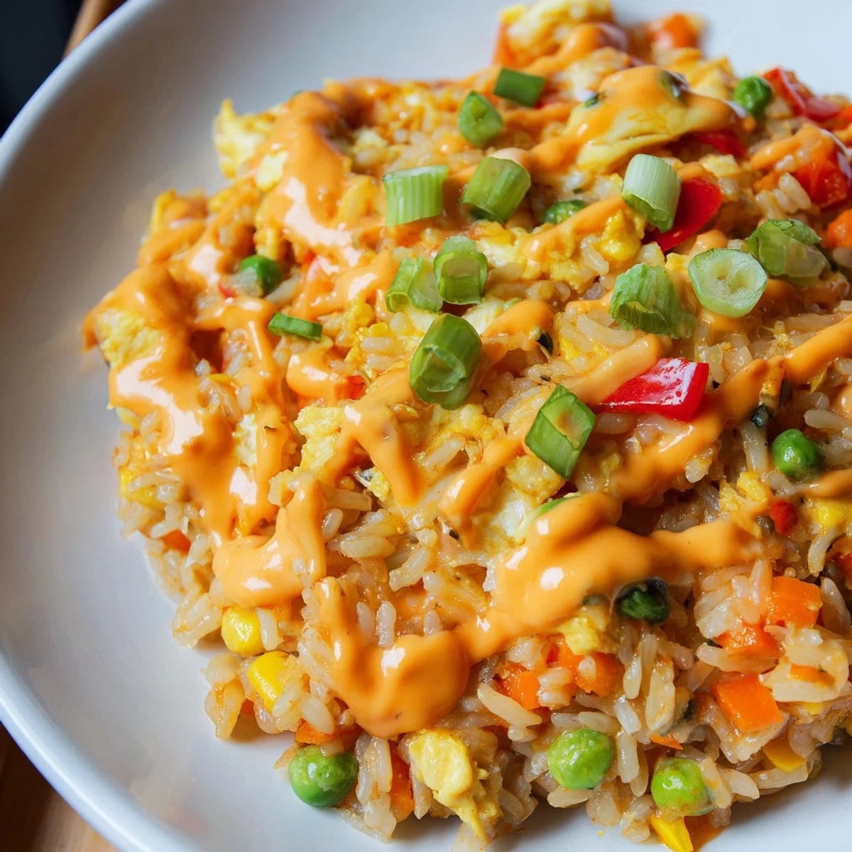 A generous serving of spicy Bang Bang Fried Rice in a bowl, ready to be enjoyed with chopsticks.