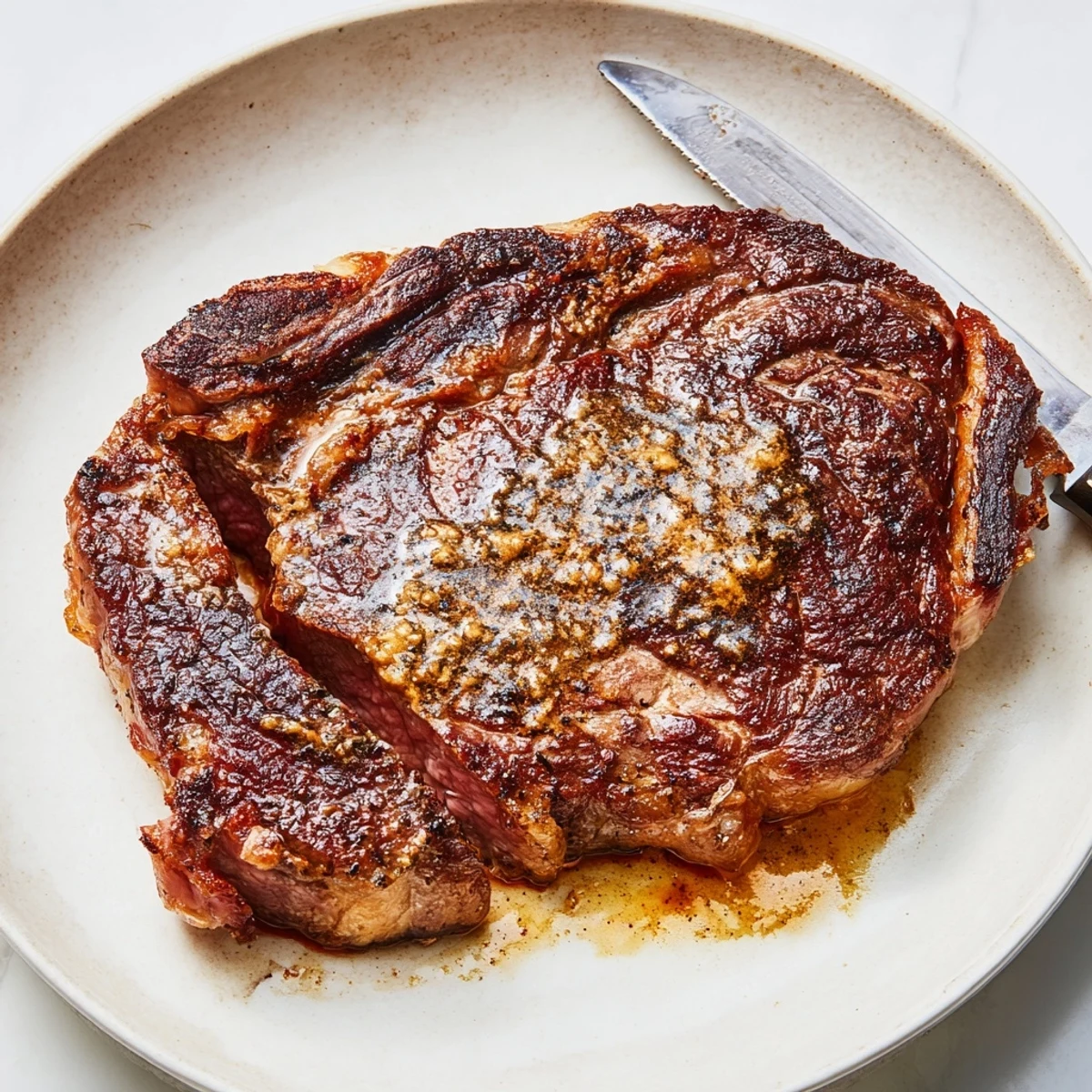 The Pan Seared Ribeye Steak is seared in a hot cast-iron skillet with butter, garlic, and herbs for a rich aroma.