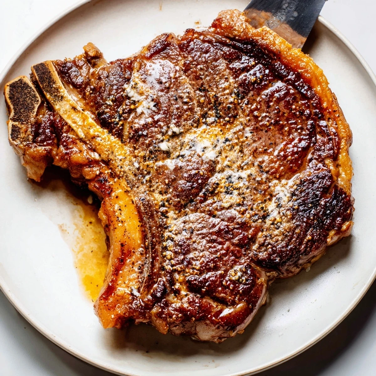 This easy Pan Seared Ribeye Steak features a juicy, pink interior, perfect for serving with roasted potatoes or a fresh salad.