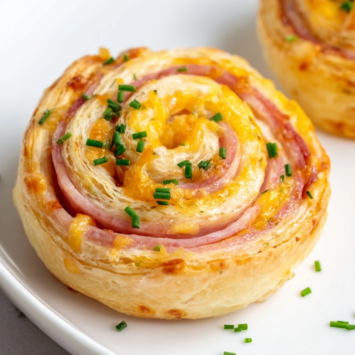 A close-up shows Ham and Cheese Pinwheels with bubbly cheese and flaky pastry, ready to be enjoyed warm.