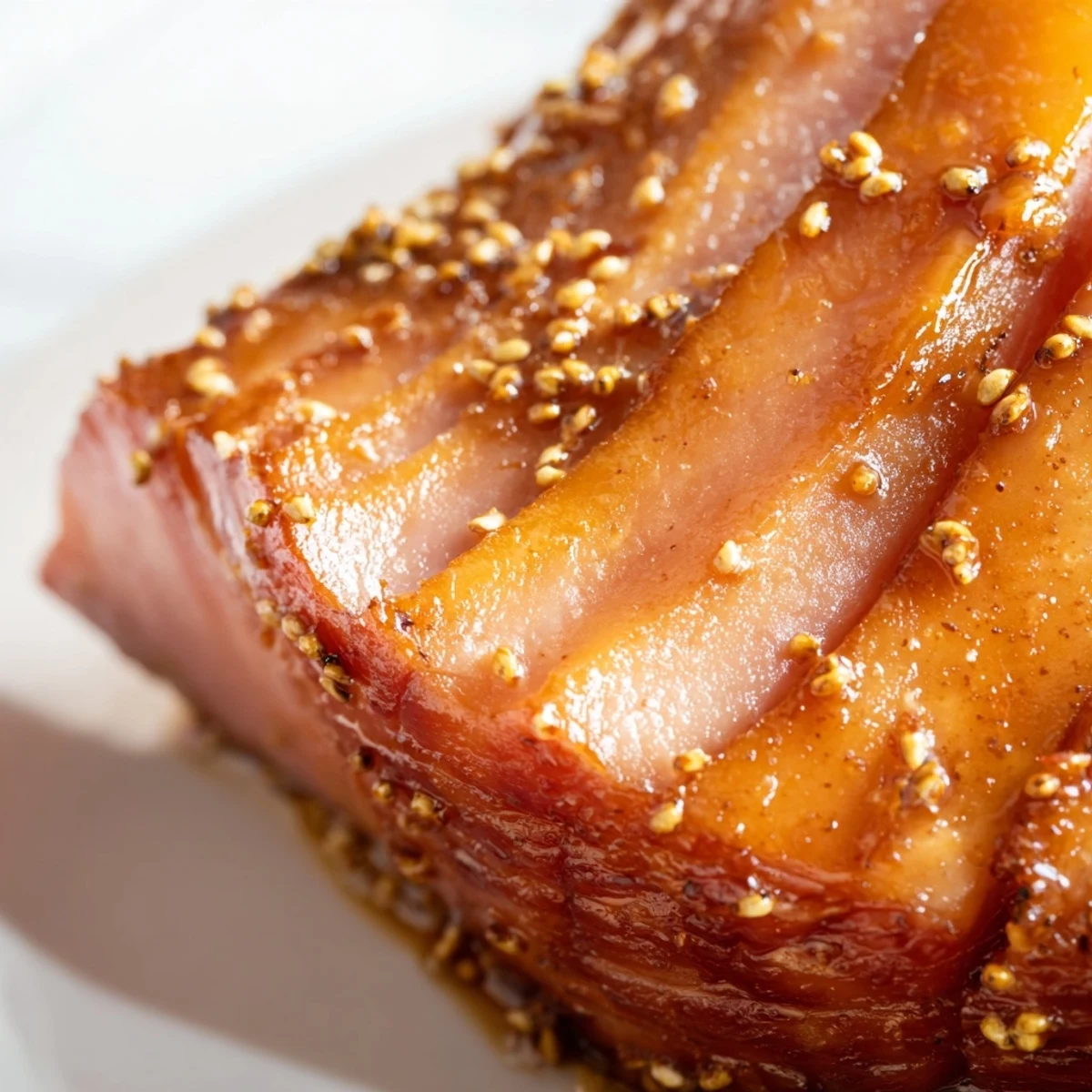 Golden-brown Brown Sugar Mustard Glazed Ham with sticky glaze and whole cloves resting on a serving platter.