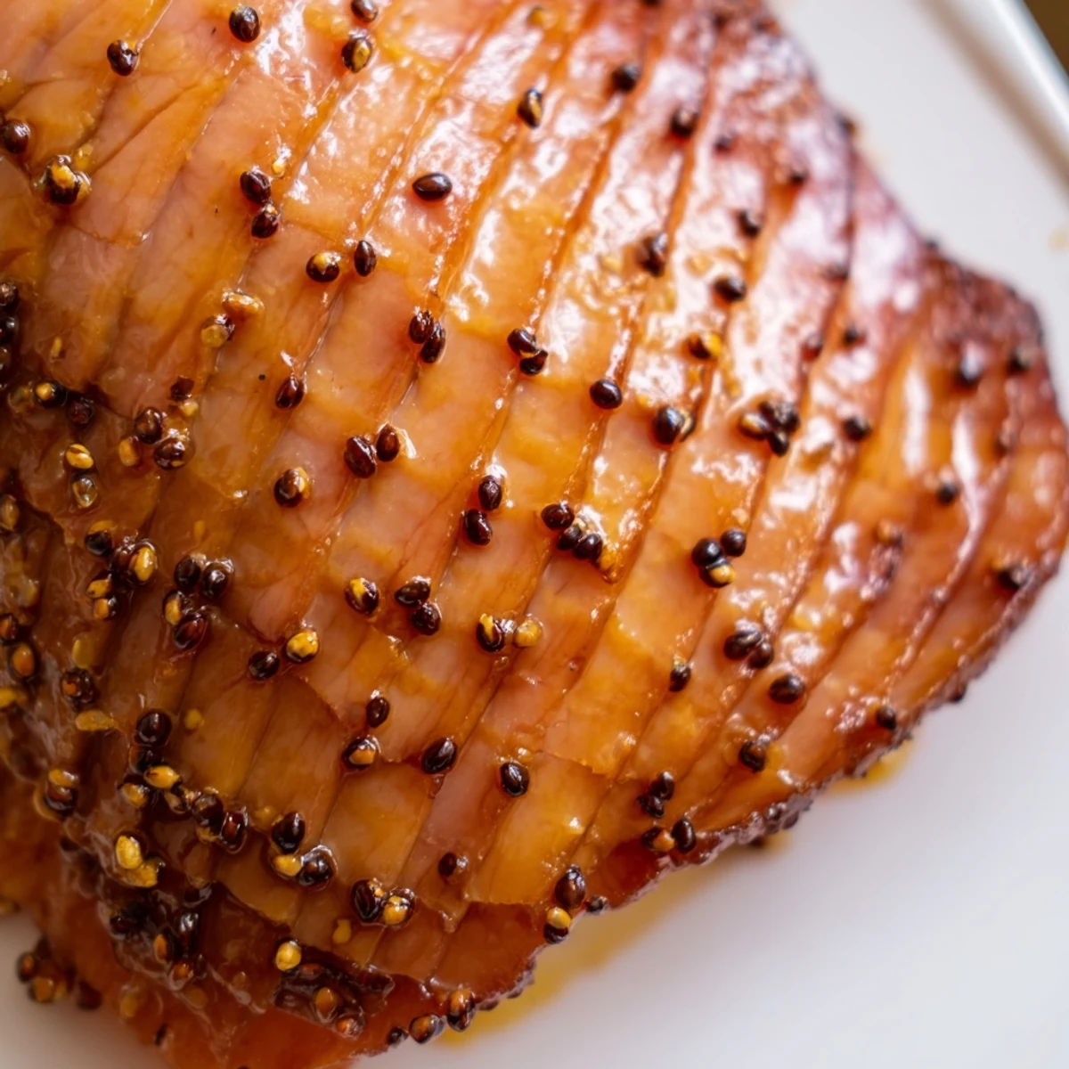 Moist and caramelized Brown Sugar Mustard Glazed Ham garnished with herbs and served with roasted potatoes.