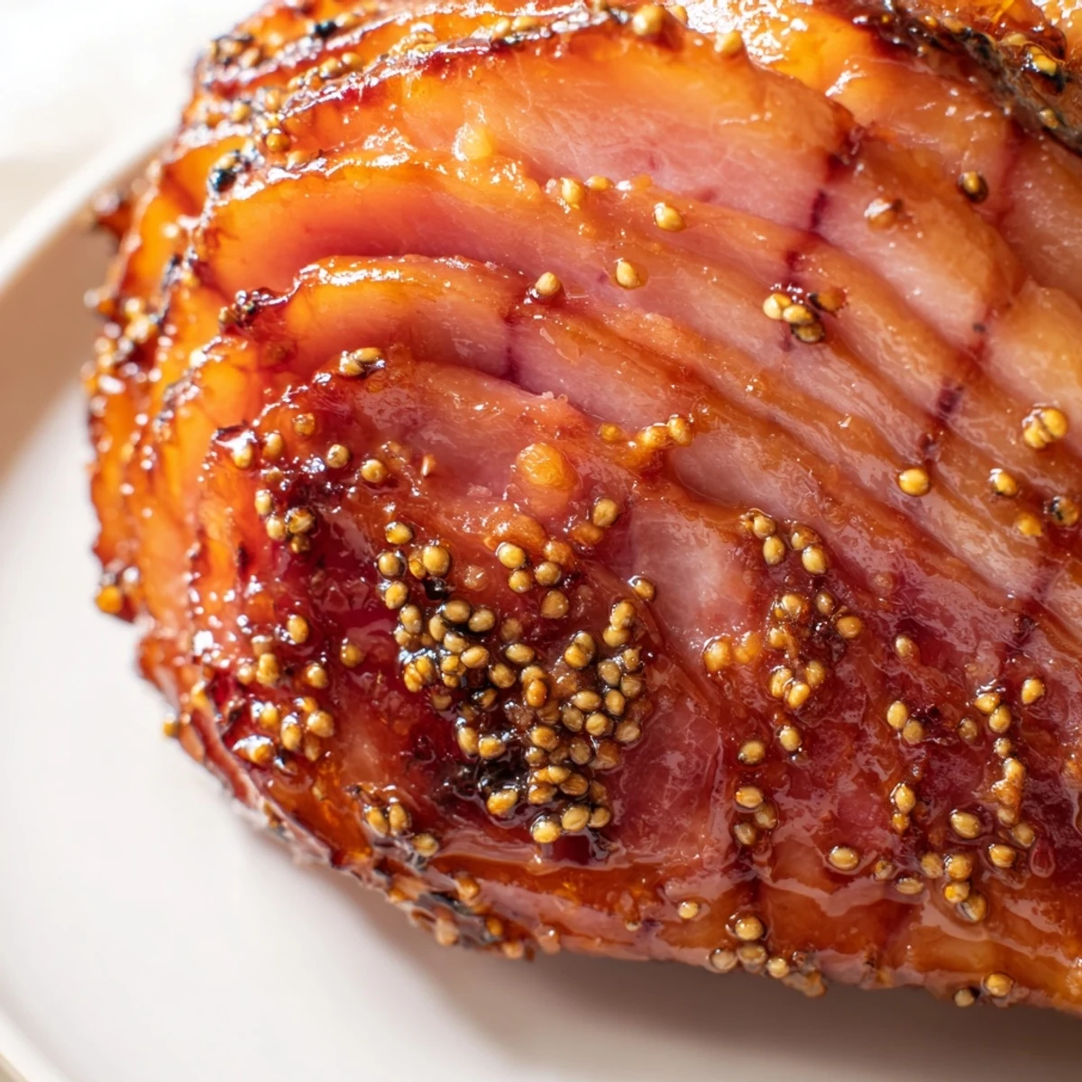 Freshly sliced Brown Sugar Mustard Glazed Ham reveals juicy interior and glistening sweet-tangy glaze on plate.