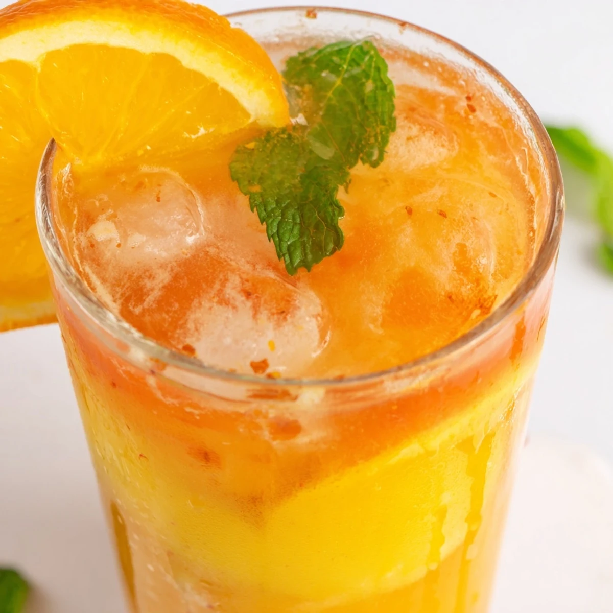 Chilled Refreshing Coconut Orange Glow in a clear glass shows golden hues and bubbles, with tropical fruit platter suggestions nearby.