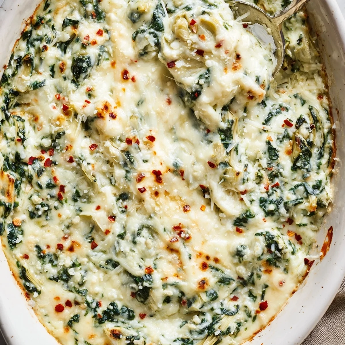Golden-brown, bubbly Spinach Artichoke Dip Ultimate Recipe in a ceramic dish, garnished with chopped parsley and served with tortilla chips.  