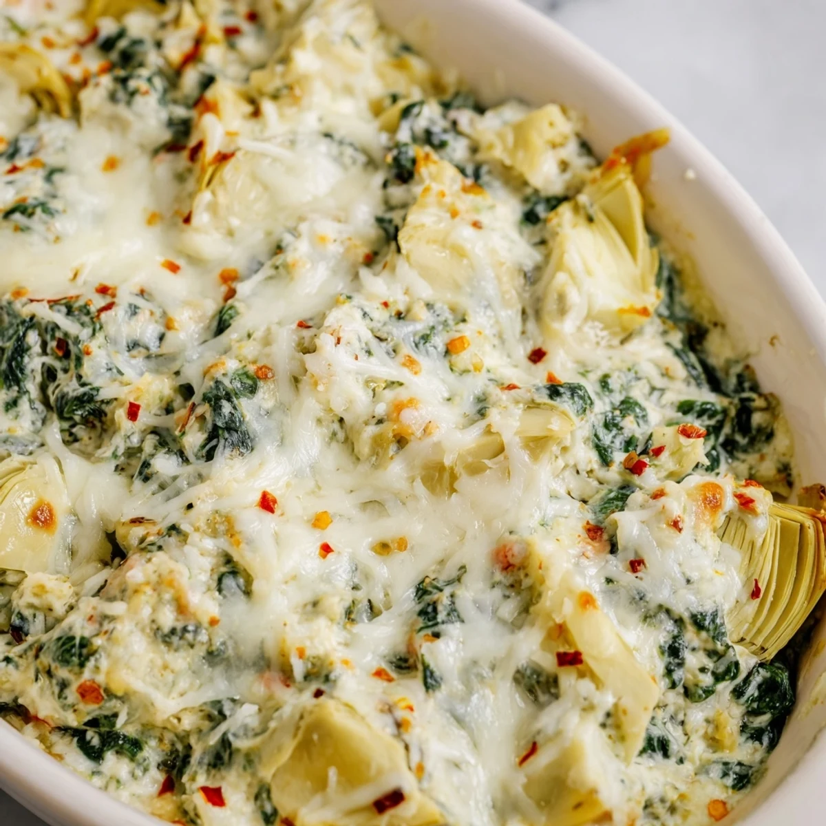 Close-up of the creamy Spinach Artichoke Dip Ultimate Recipe with visible spinach and artichoke chunks, ready to be scooped with a baguette slice.  