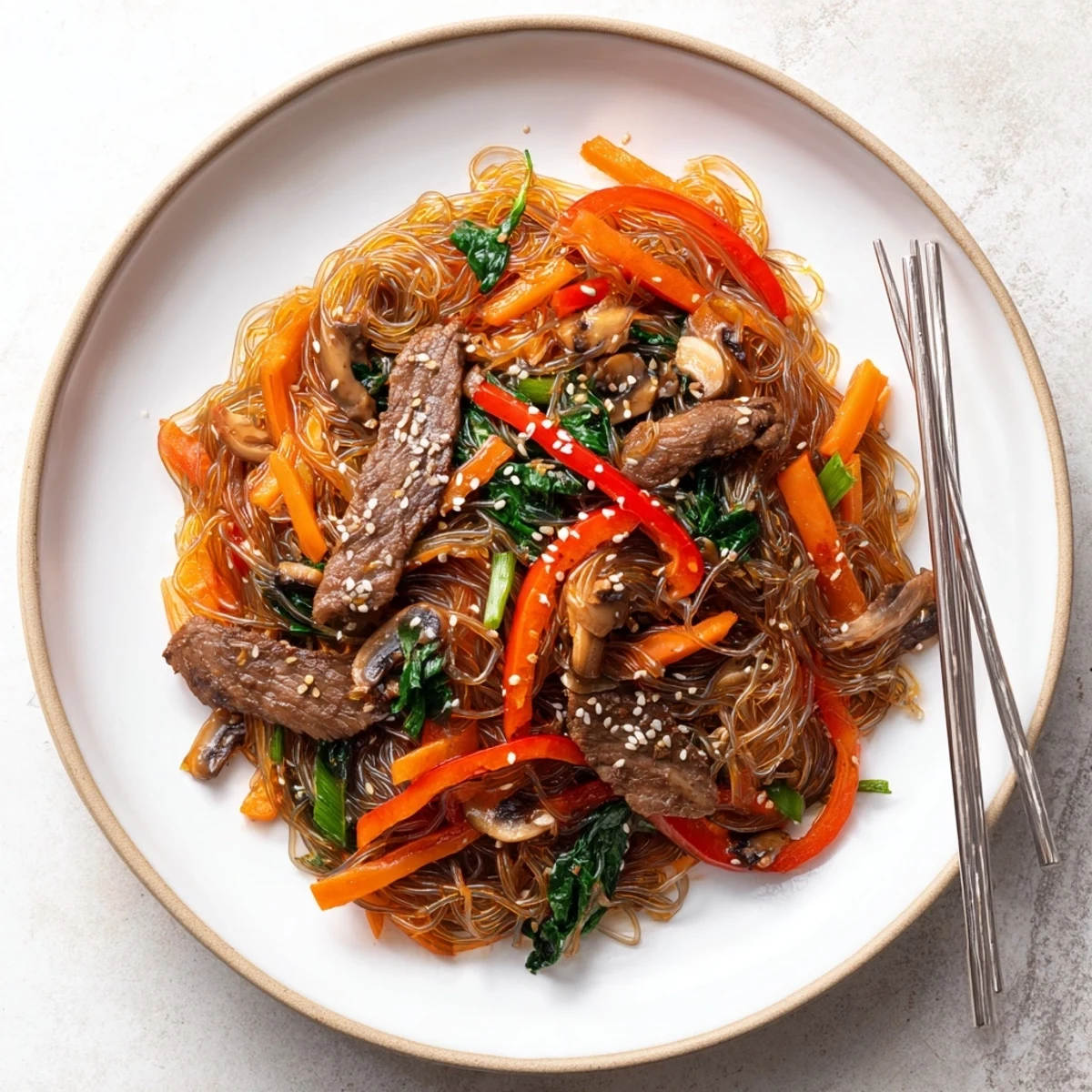 Korean Beef Noodles served steaming in a rustic bowl, garnished with sesame seeds and scallions, ready for a family weeknight dinner.
