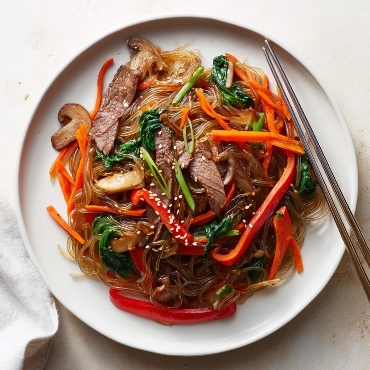 A close-up of Korean Beef Noodles, featuring tender beef strips and shiny glass noodles coated in a glossy, savory sauce with colorful vegetables.