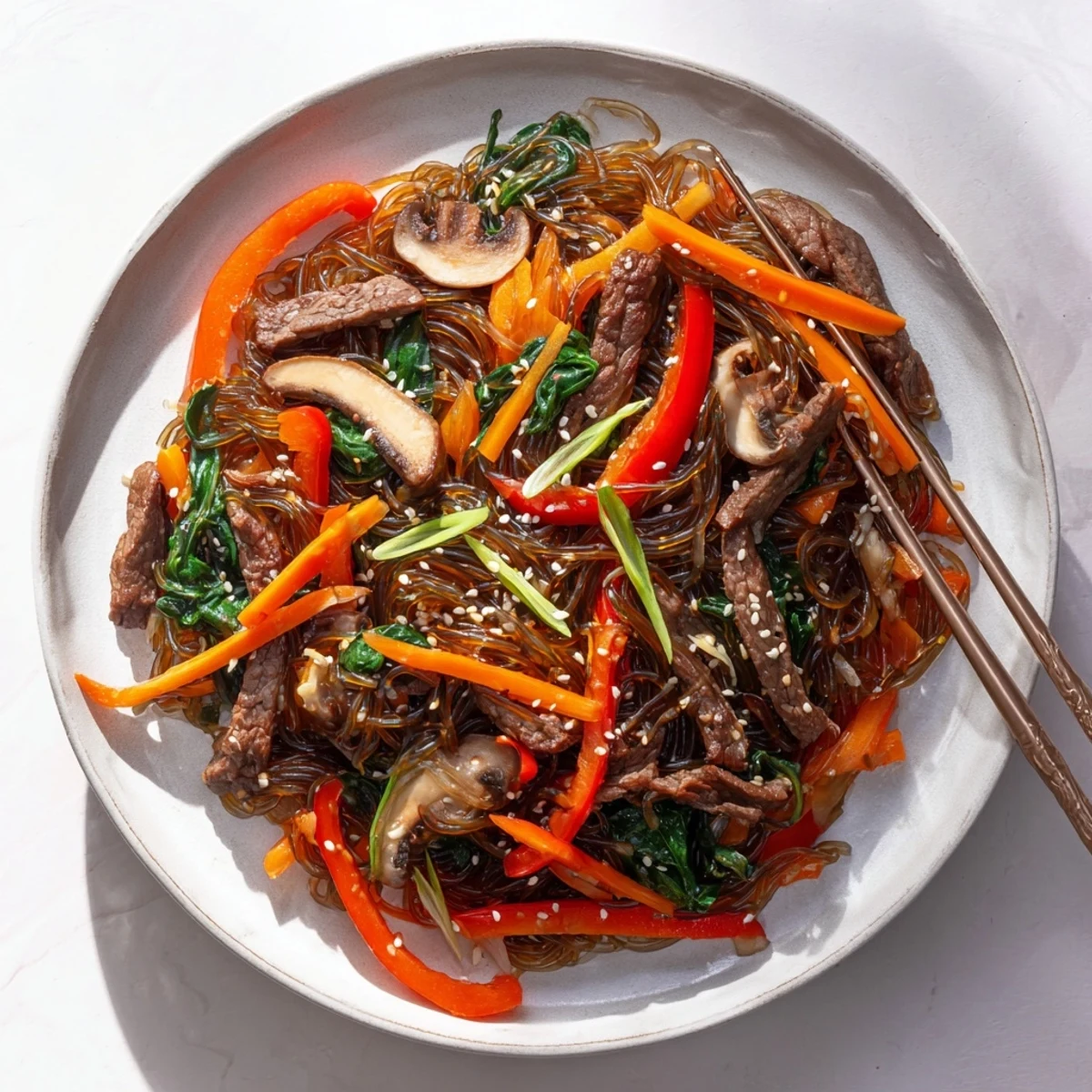 Vibrant Korean Beef Noodles in a skillet, mixing beef, spinach, and julienned carrots with a mildly spicy gochujang sauce.