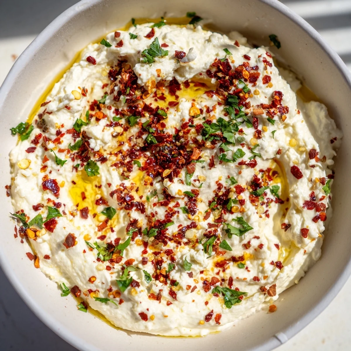 Spicy and tangy Tyrokafteri dip, featuring feta cheese and Greek yogurt, perfect for a vibrant mezze platter.