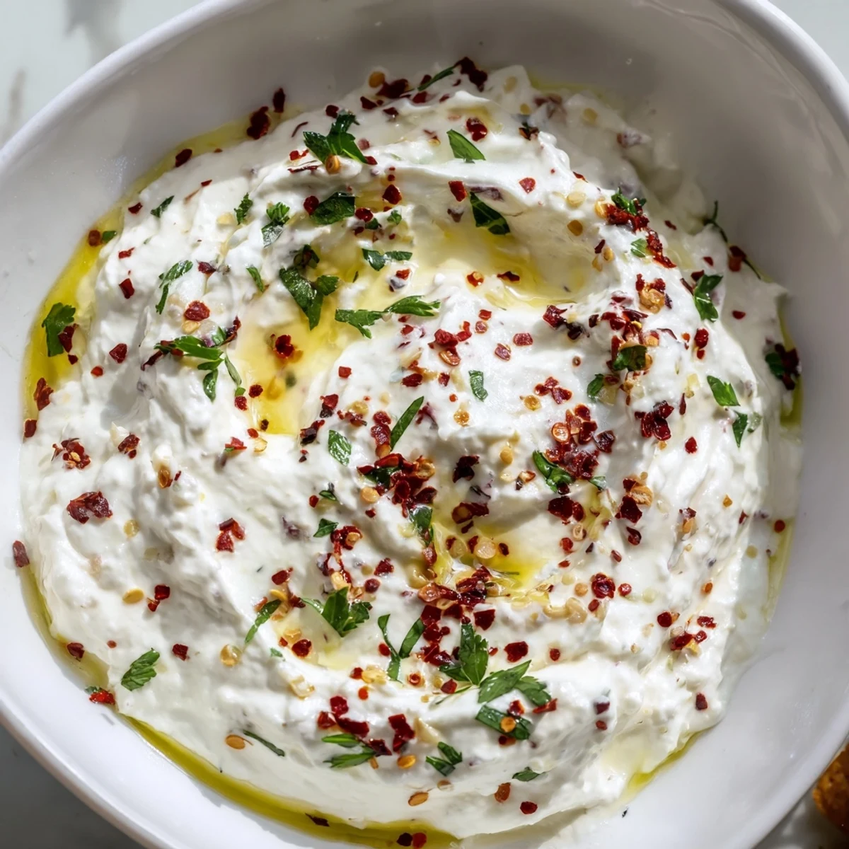 A bowl of homemade Tyrokafteri, garnished with parsley and red pepper flakes, served with warm pita bread.