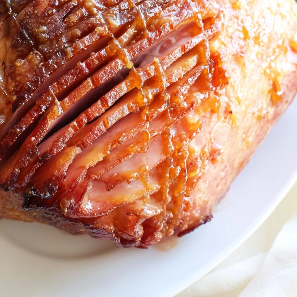 Golden brown Baked Ham with Maple Dijon Glaze resting on a platter ready for slicing.