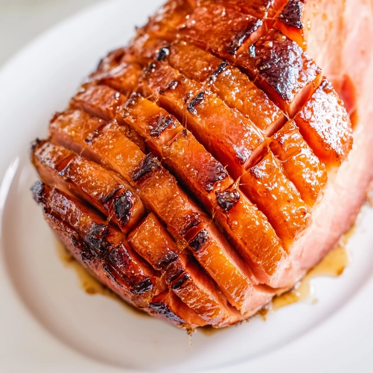 Freshly sliced Baked Ham with Maple Dijon Glaze served on a festive holiday plate.