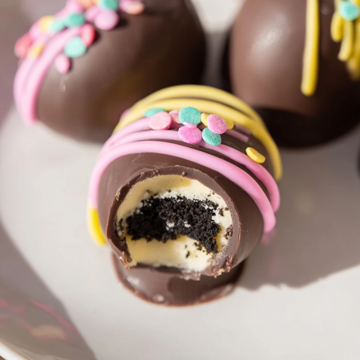 Three glossy Easter Egg Oreo Balls sit on a white plate, coated in melted chocolate and decorated with bright pastel sprinkles for a festive spring treat.  