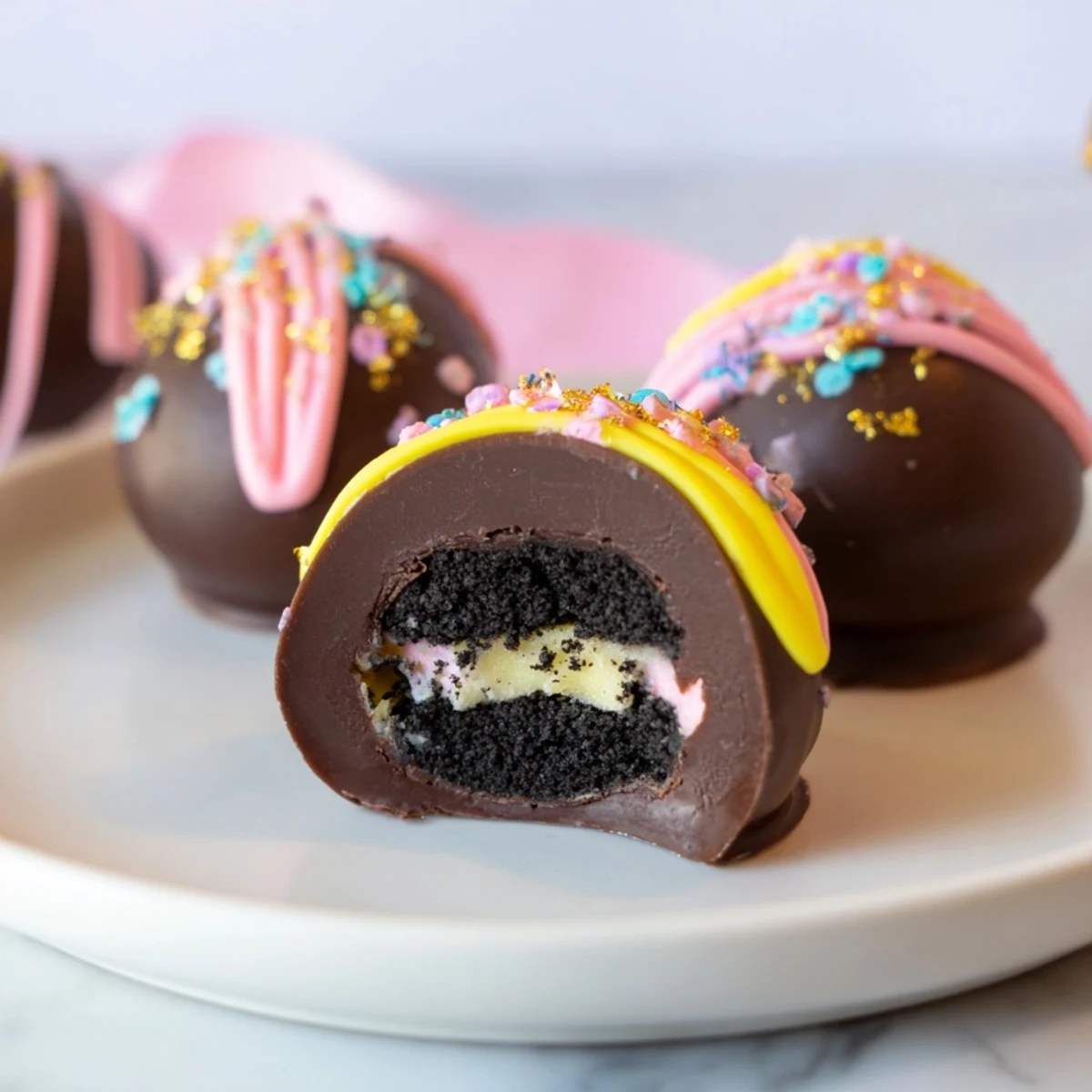Brightly colored Easter Egg Oreo Balls arranged in a clear glass jar, showcasing their egg shape and festive candy decorations.