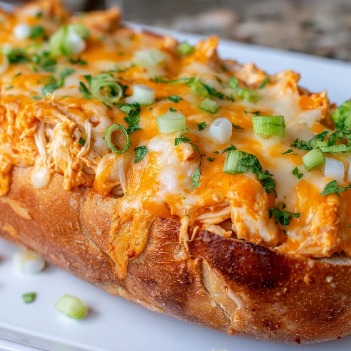 Golden toasted French bread stuffed with cheesy buffalo chicken filling, topped with melted mozzarella and cheddar.