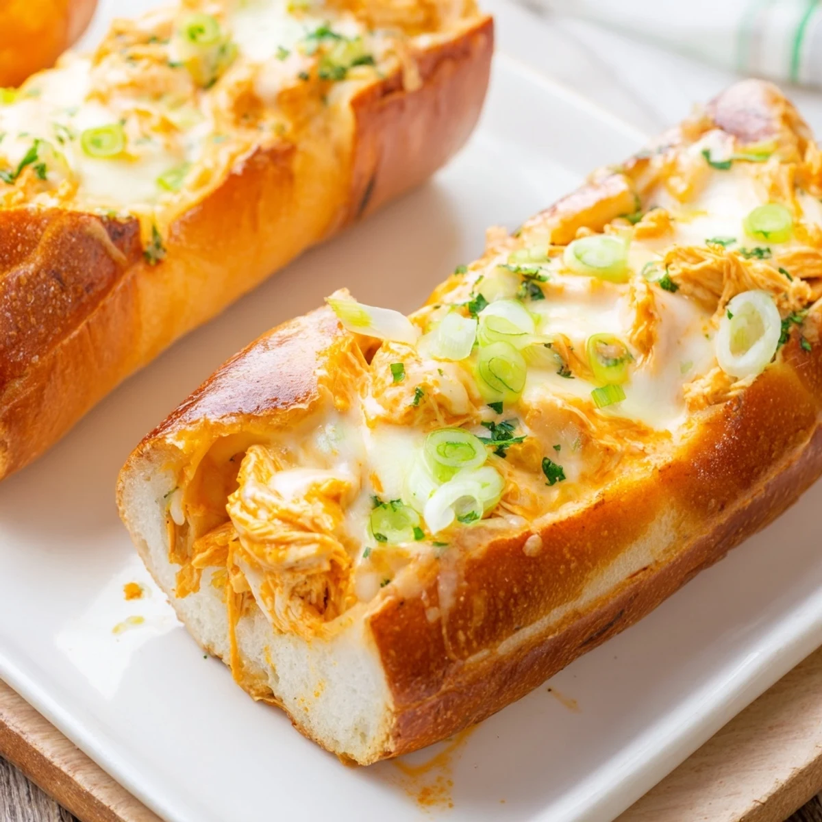 Hot, bubbly Cheesy Buffalo Chicken Stuffed French Bread served with fresh parsley and green onions.