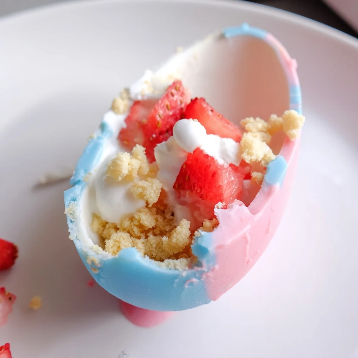 Overhead view of Strawberry Shortcake Easter Egg Bombs on a spring table with whipped cream and scattered strawberry slices.