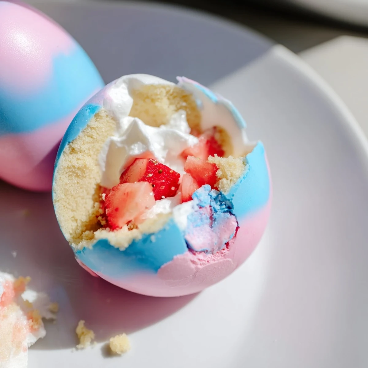 A close-up of Strawberry Shortcake Easter Egg Bombs with pastel white chocolate shells and fresh strawberry filling.