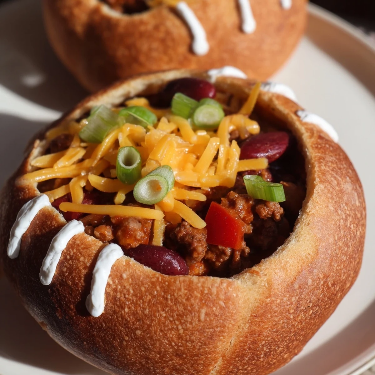 Golden-brown mini bread bowls filled with hearty beef chili, topped with melted cheddar and decorated with white sour cream laces like footballs for game day.