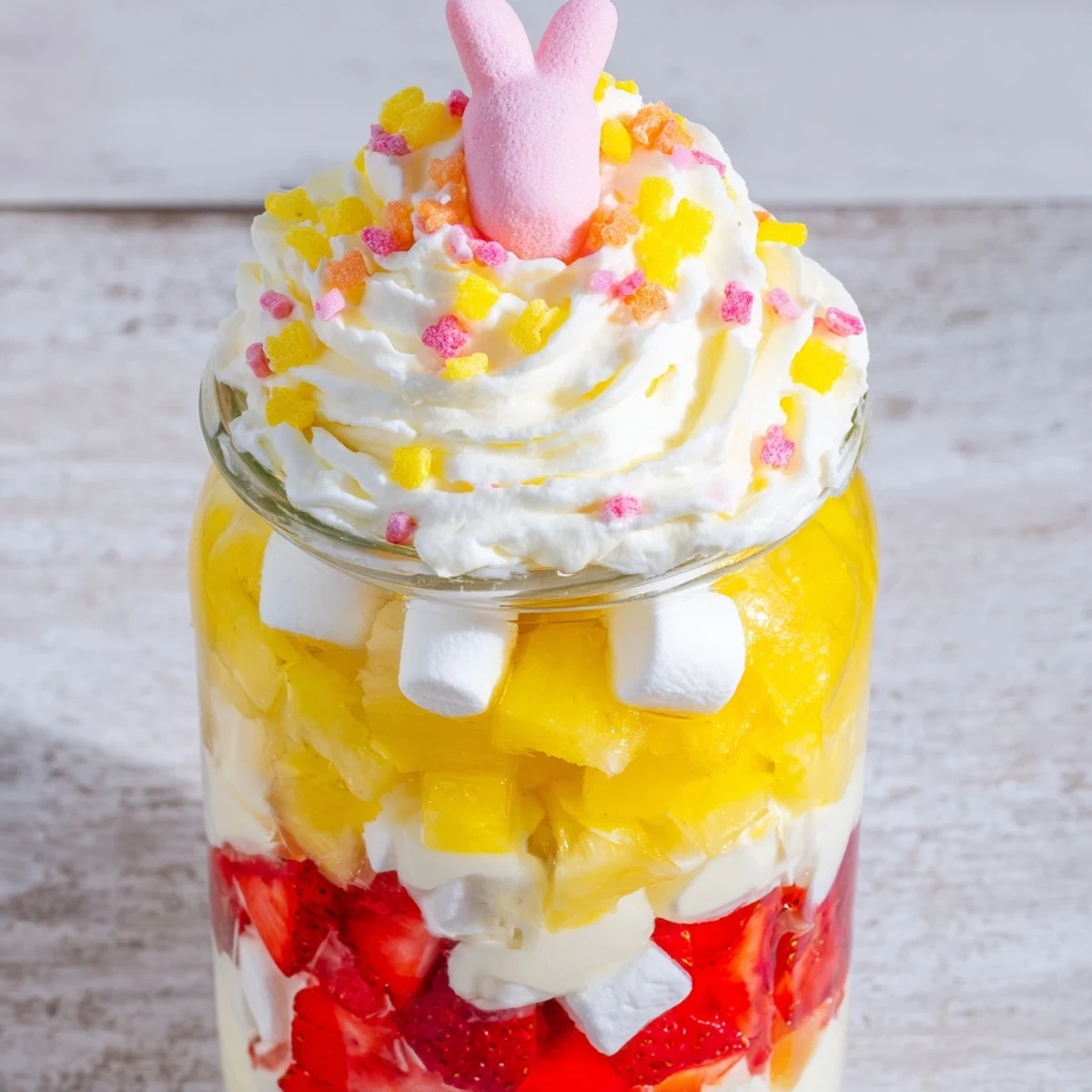 Colorful layers of Jello Pie Easter Bunny Parfait In A Jar with strawberry gelatin cubes and fresh diced strawberries
