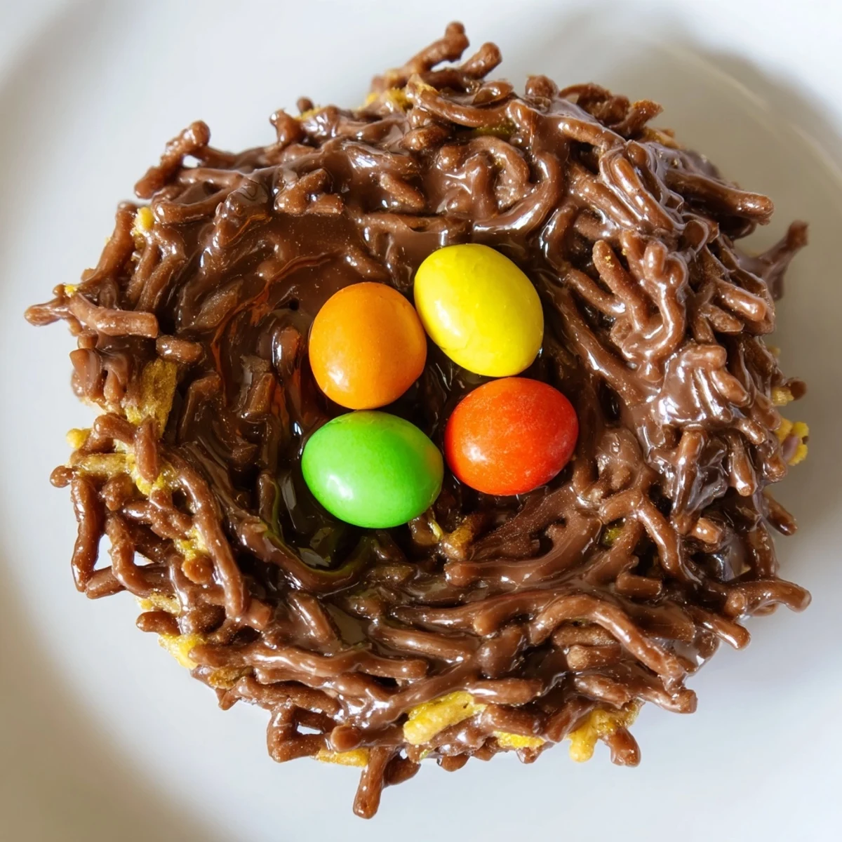 Festive Easter Birds Nest Cookies with peanut butter and chocolate eggs on a pastel plate.