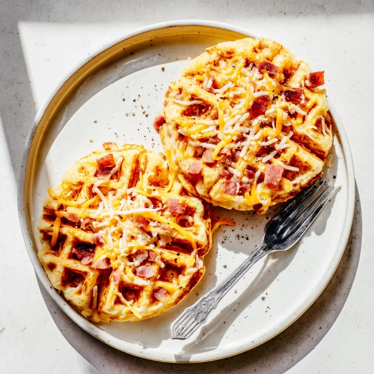 Two warm Ham and Cheese Chaffles are plated beside sour cream and fresh chives for a savory breakfast.