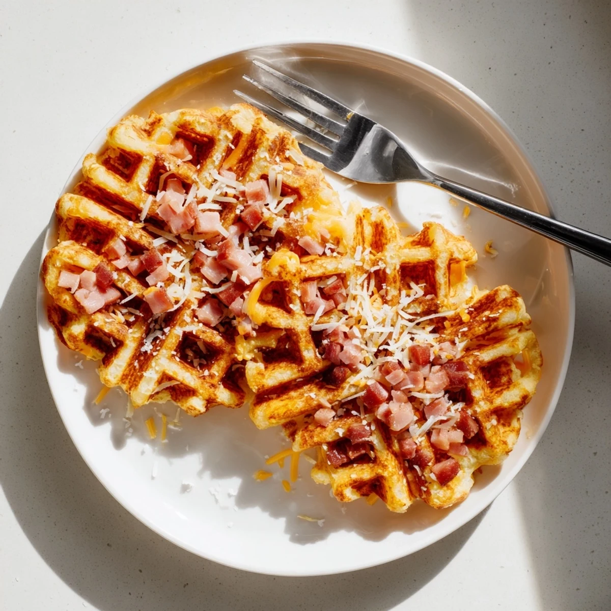 Golden crispy Ham and Cheese Chaffles rest on a cooling rack, showcasing melted cheddar and diced ham specks.