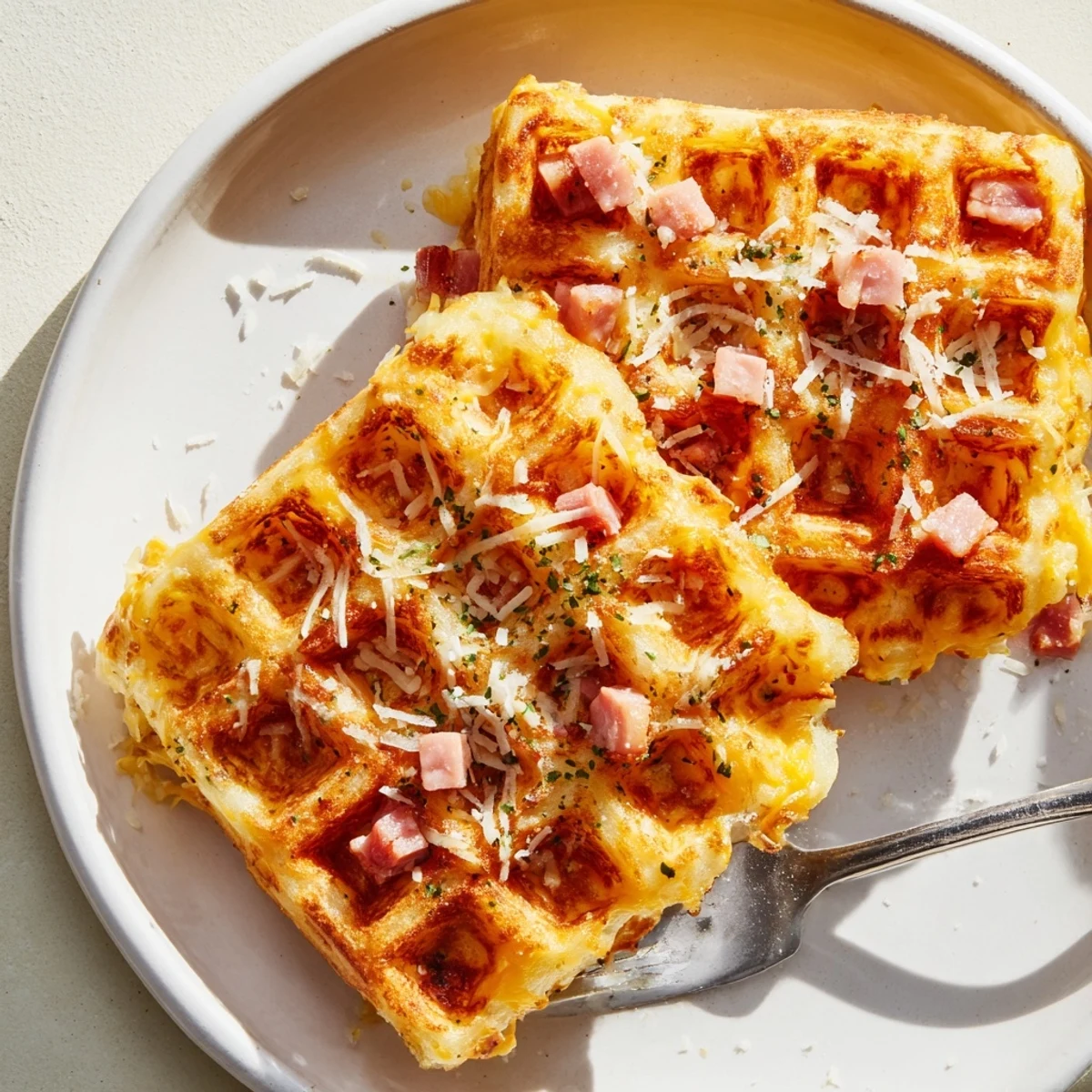 Steam rises from a split Ham and Cheese Chaffle, revealing the moist, cheesy interior filled with tender ham.