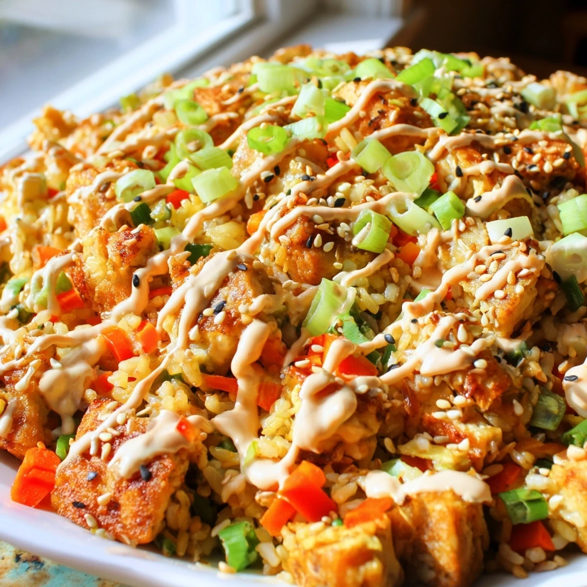 Creamy Bang Bang Fried Rice with tender chicken, colorful veggies, and a spicy sauce drizzle.