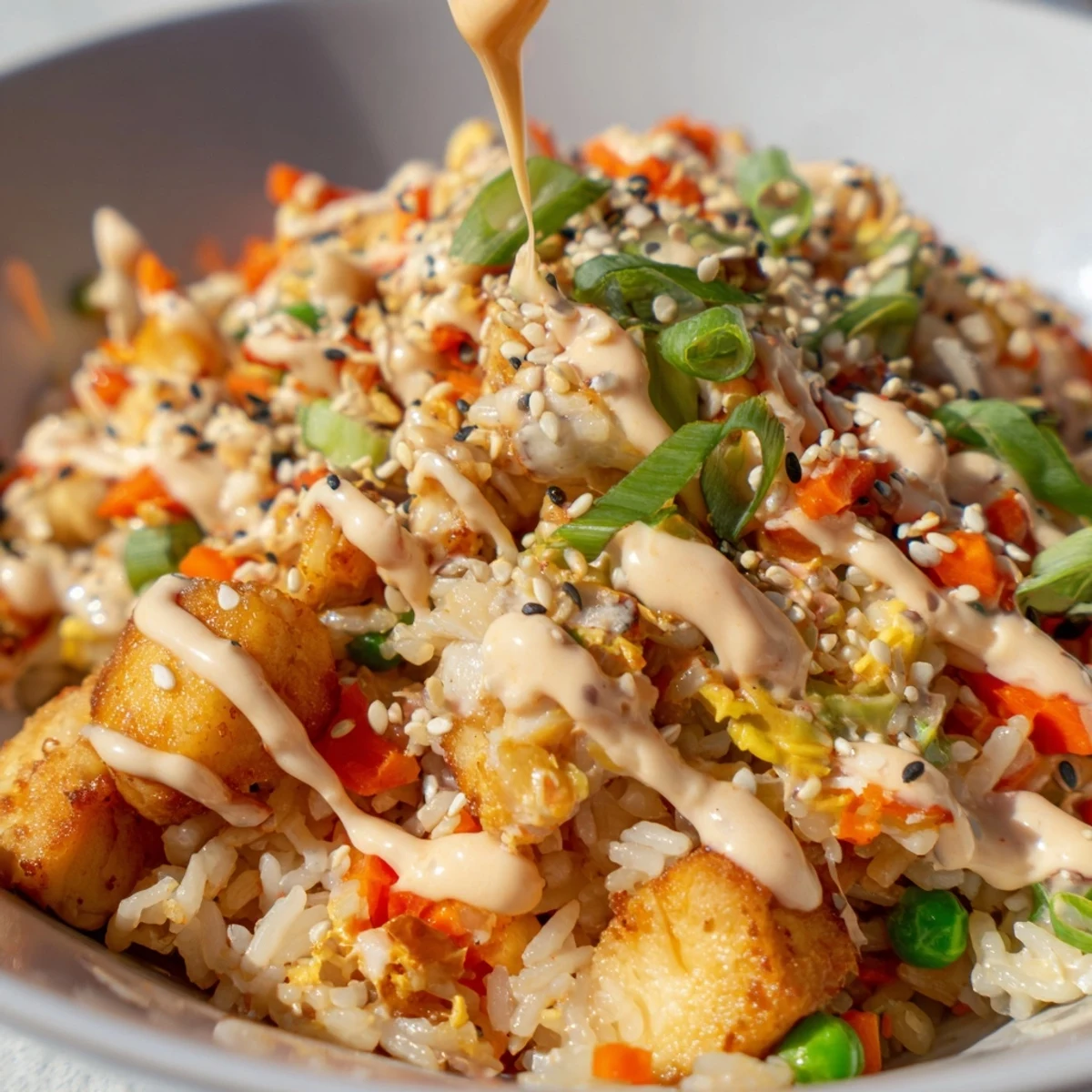 Bang Bang Fried Rice served in a white bowl, garnished with sesame seeds and green onions.