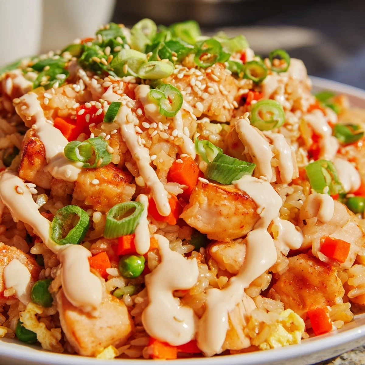A close-up of Bang Bang Fried Rice showing crispy vegetables and a luscious, spicy Bang Bang sauce.