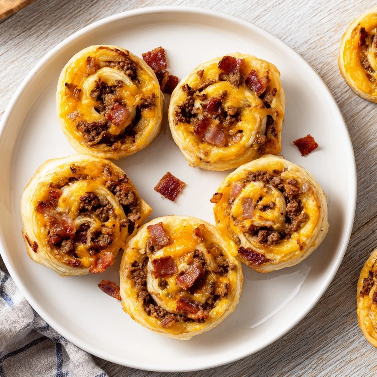 Golden-baked Cheesy Bacon Burger Rollups Puff Pastry Appetizer resting on a rustic wooden board.
