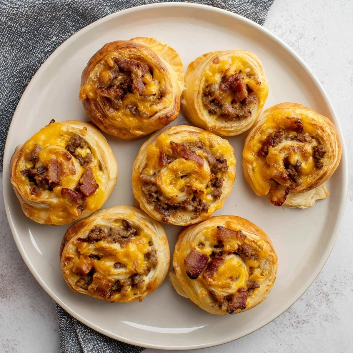 Cheesy Bacon Burger Rollups Puff Pastry Appetizer with flaky crust and melted cheddar on white plate.