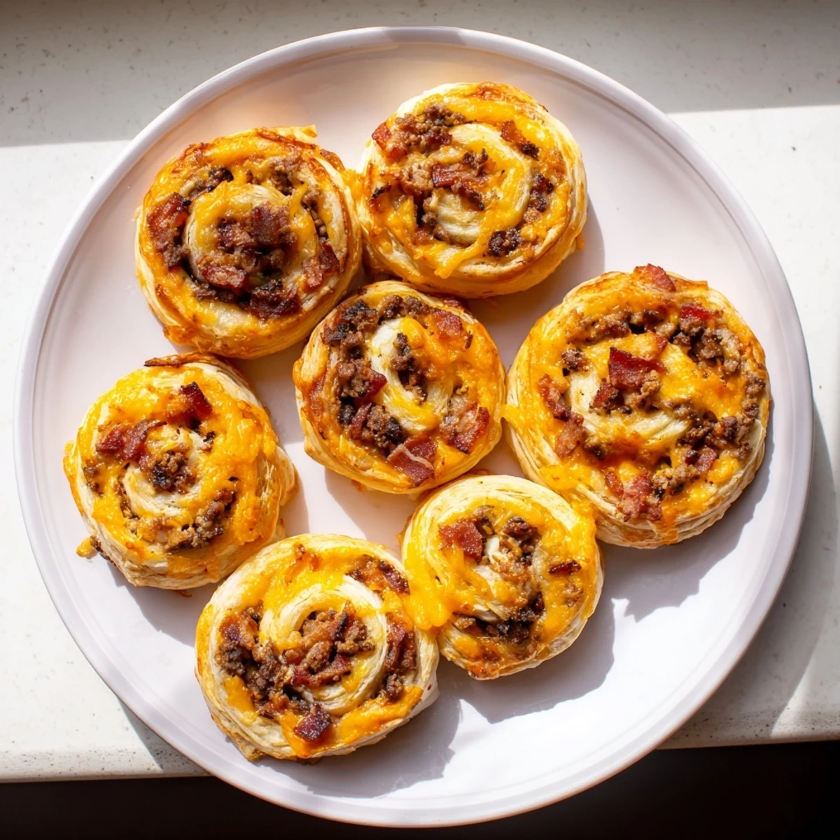 Serving of Cheesy Bacon Burger Rollups Puff Pastry Appetizer with dipping sauce and fresh herbs nearby.