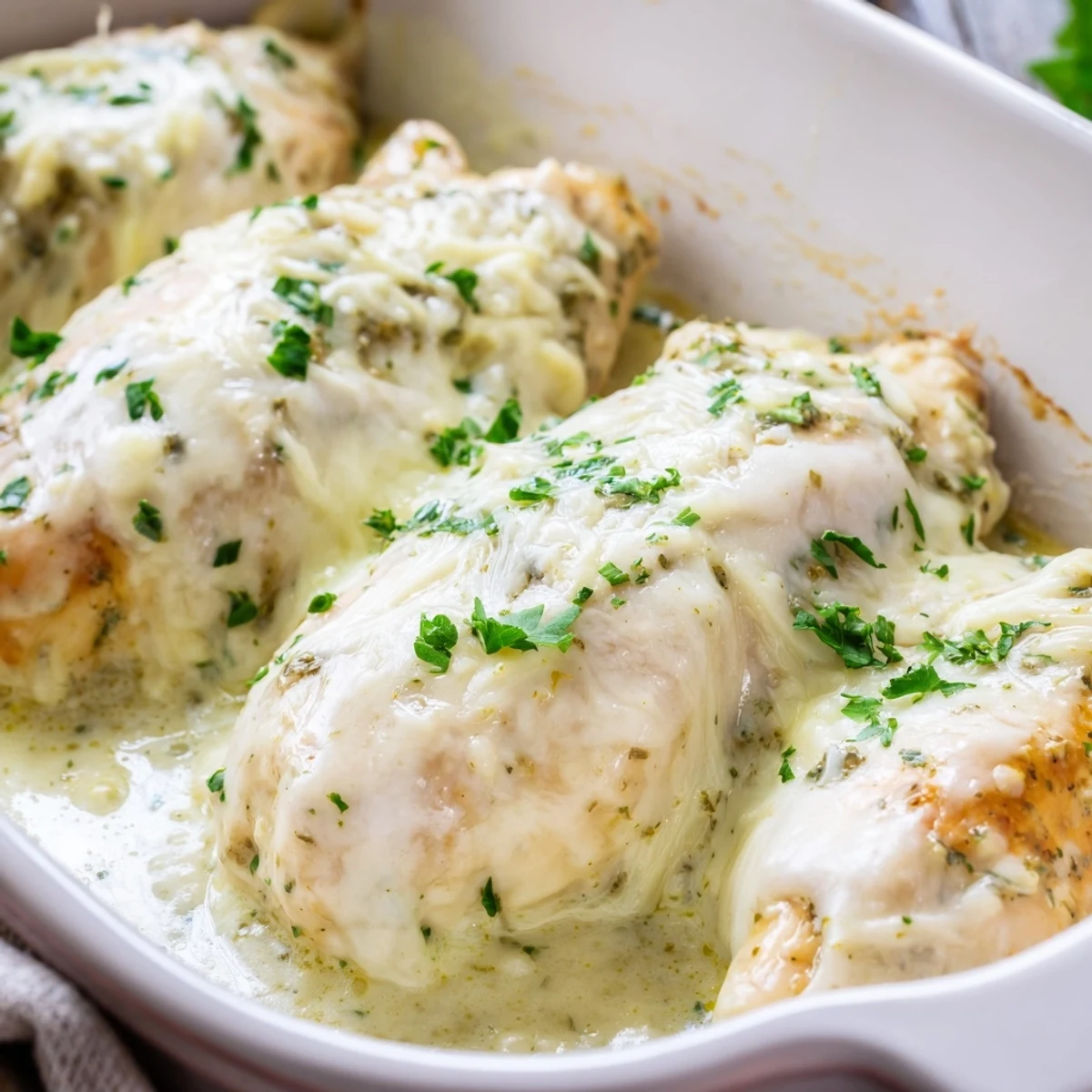 Tender chicken breasts smothered in a creamy Caesar-Parmesan sauce with a bubbly golden top in a white baking dish.