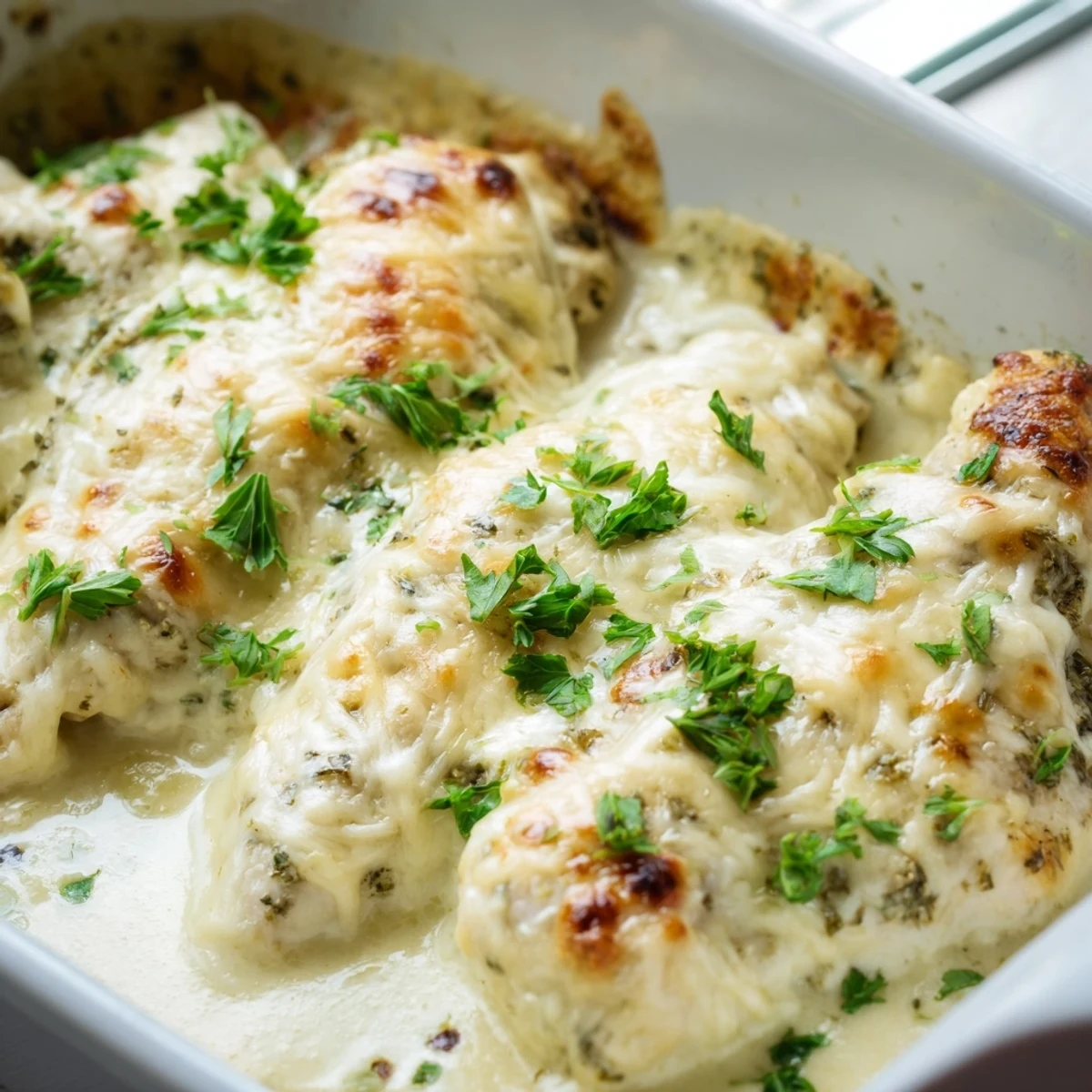 A close-up of the finished Creamy Parmesan Baked Caesar Chicken resting on a wooden table, garnished with fresh parsley.